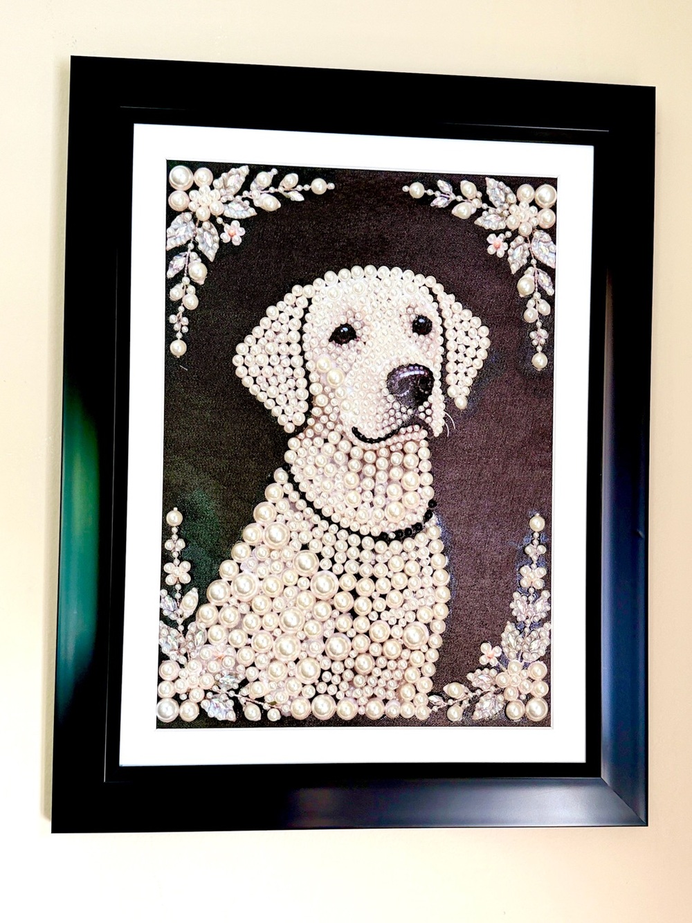 Handmade Faux Pearl Beaded Puppy Portrait Framed Art 18x14